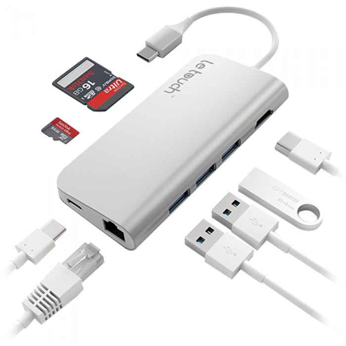 Cổng chuyển sạc và đọc thẻ nhớ Le Touch 8 in 1 USB 3.1 Type-C USB Hub with Power Delivery (Bạc)